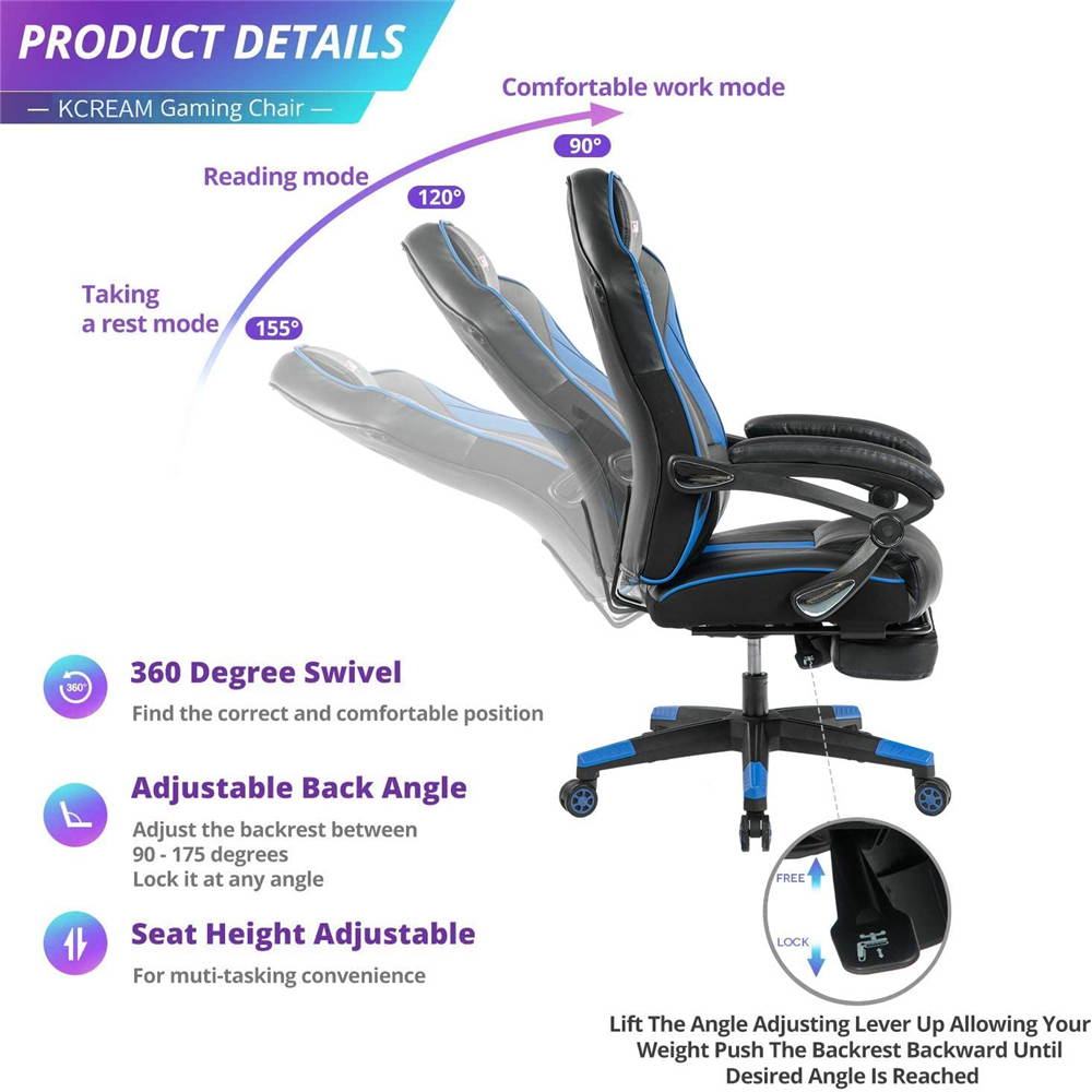 KCREAM Racing Style PC Gamer Chair Large Size Ergonomic Computer Chair with Build-in Lumbar Support Footrest and Adjustable Recliner High Back PU Leather Gaming Chair for Adult