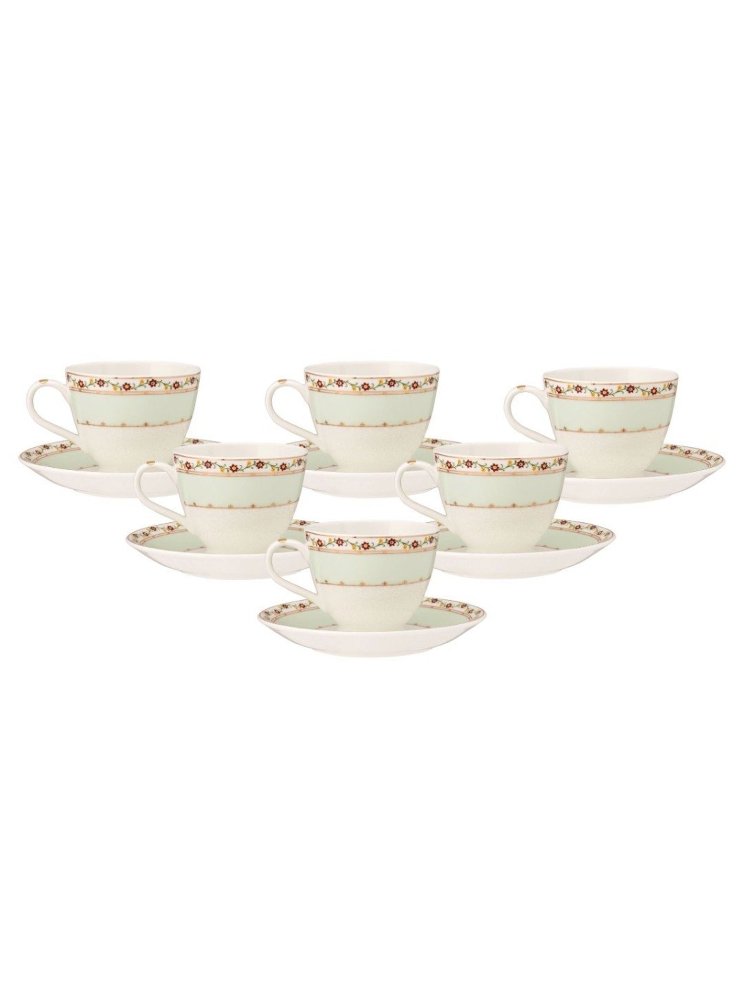 JCPL Fine Printed Green Ceramic Cup & Saucer 180 ml - Set of 12