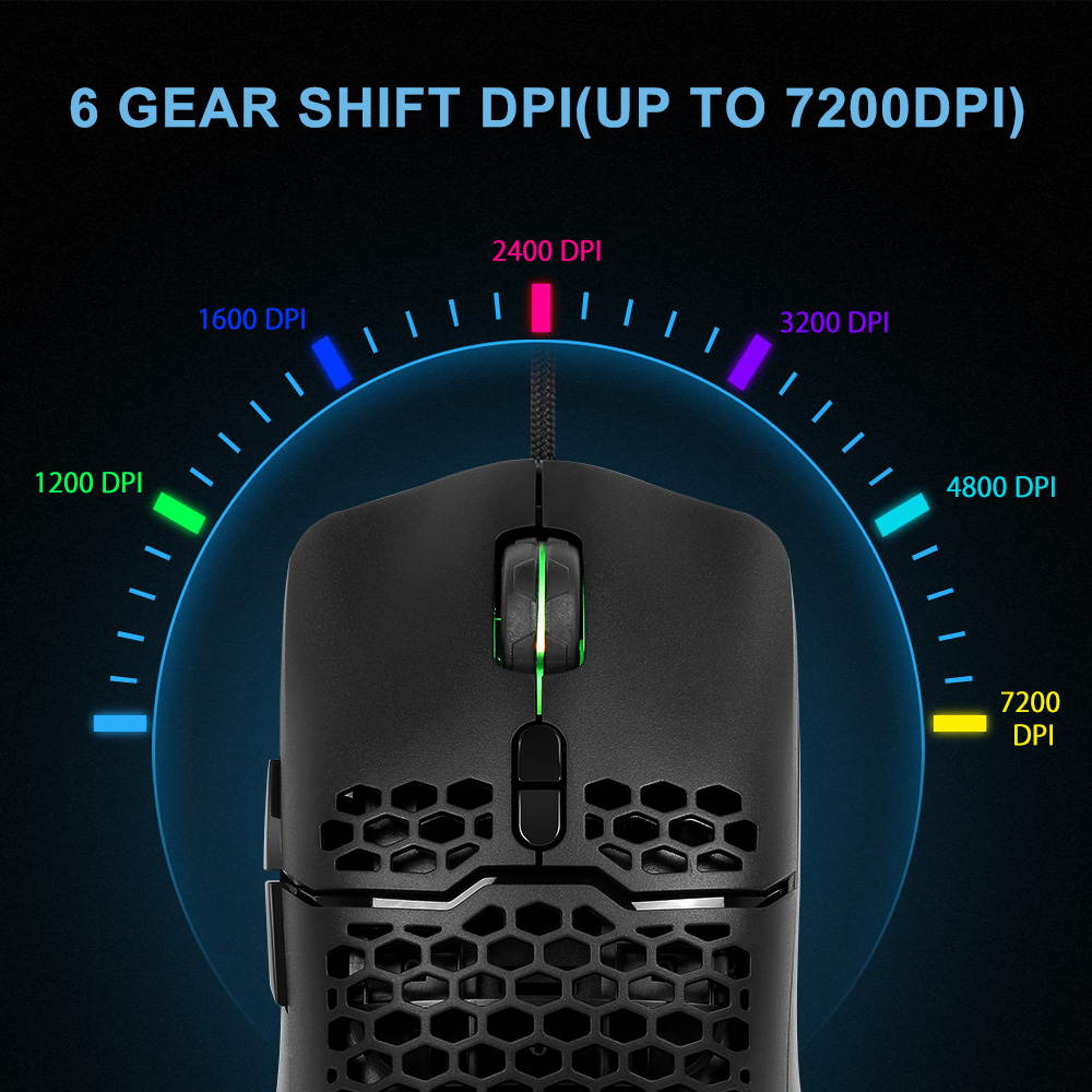 DELUX Lightweight Gaming Mouse(2.36g/67g) with Lightweight Honeycomb Shell Design, Ultralight Ultraweave Cable and 7 Programmable Buttons, 16000 DPI RGB Optical Mice (M700BU(3389)-Black)
