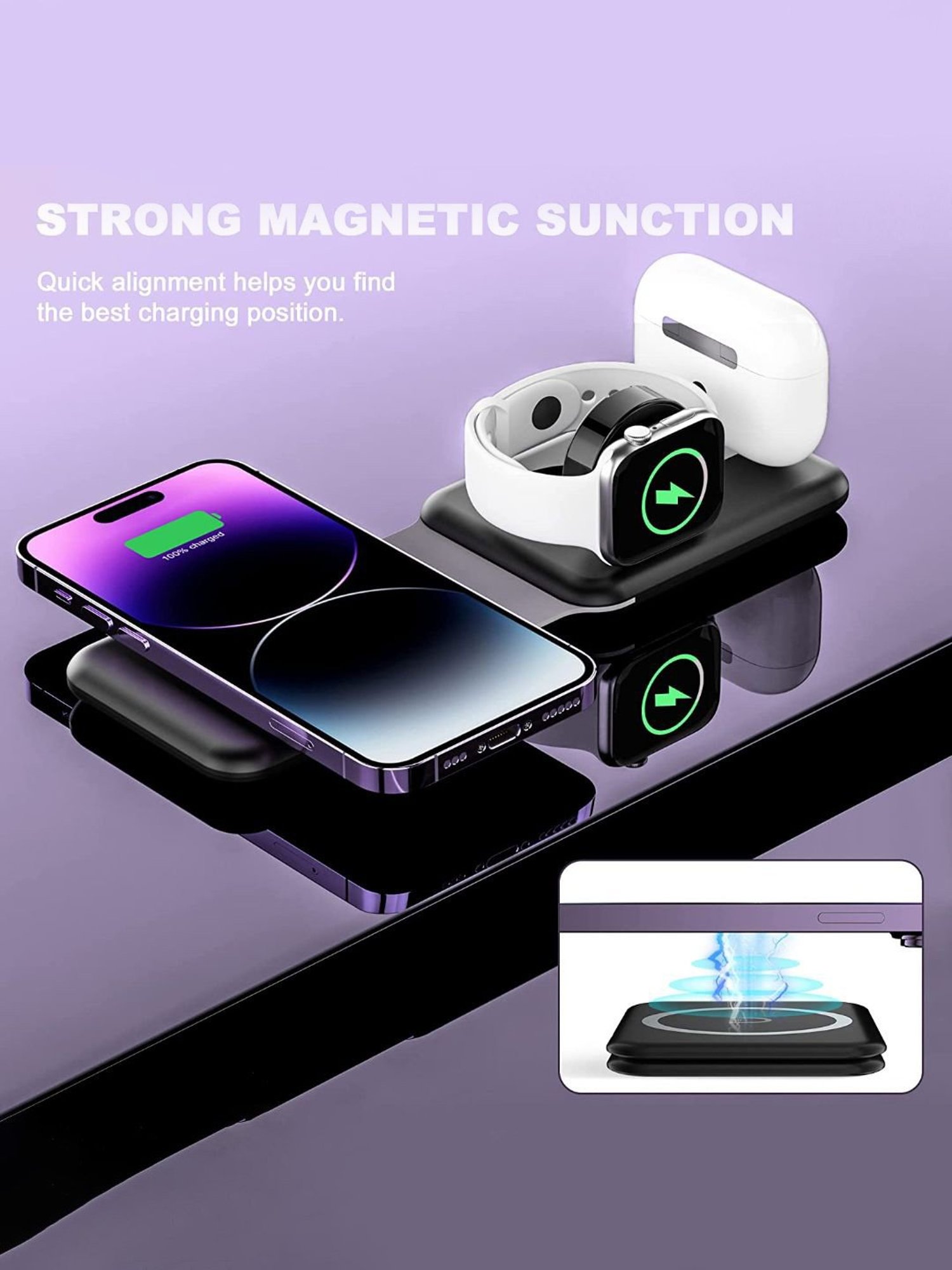 Unigen Audio Unifold 3-in-1 Wireless Charger, Magnetic Foldable Charging Station (Black)