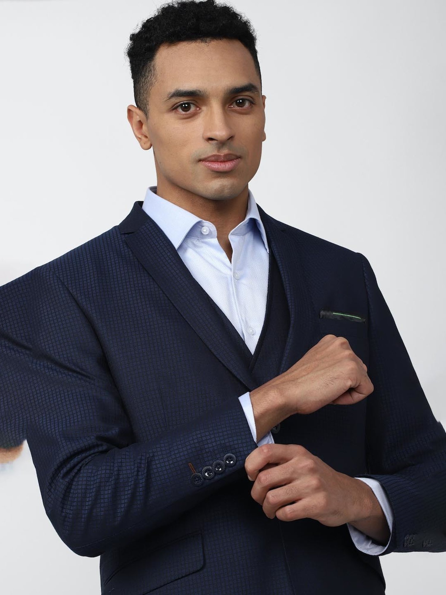 V Dot Navy Blue Skinny Fit Checks Three Piece Suits