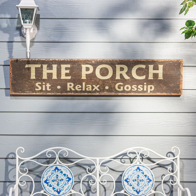Gerson International 47.6-Inch Long Wooden "The Porch" Wall Plaque with Silver Letters on a Black Background