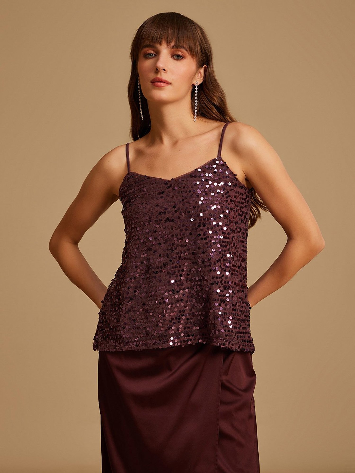 Kazo Maroon Embellished Spaghetti Top