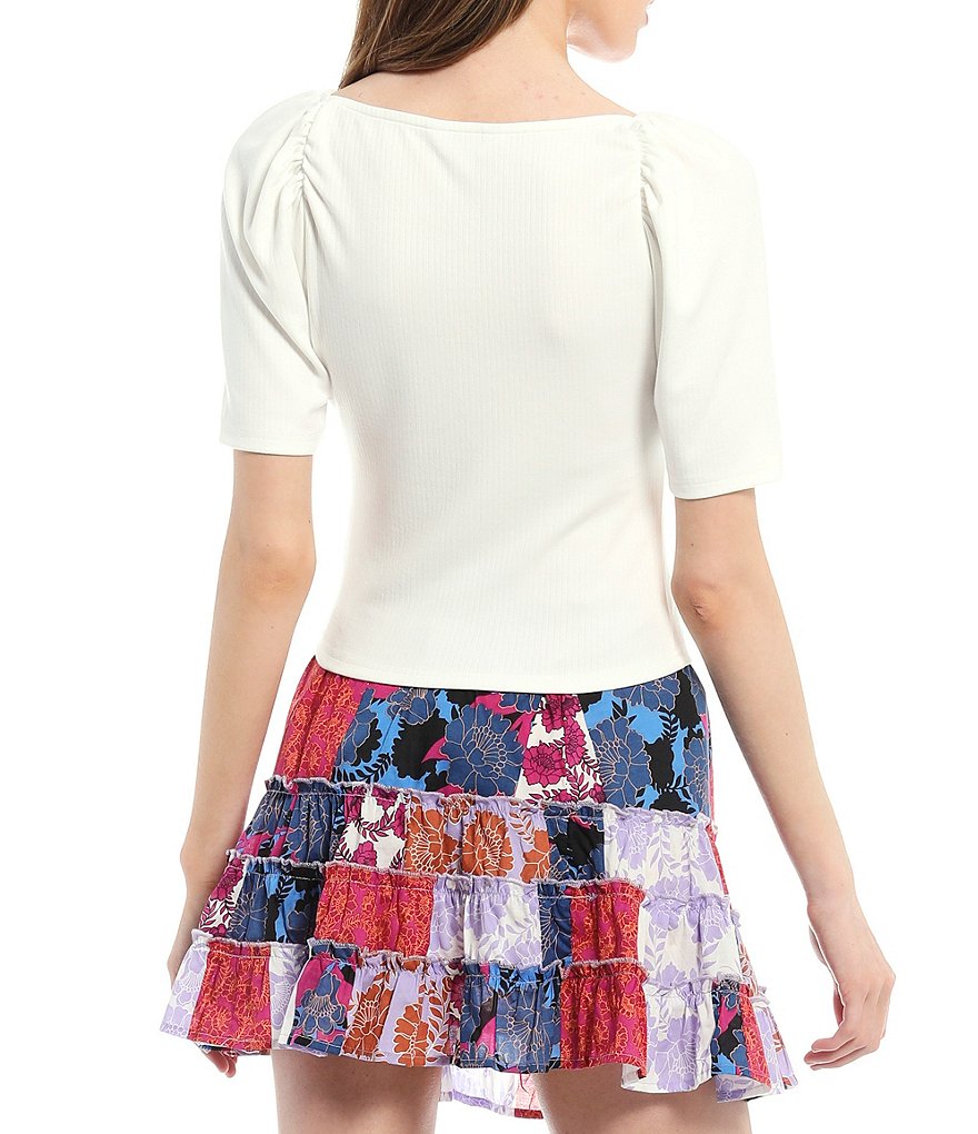 BB Dakota by Steve Madden Just Ring It Rib Sweetheart Neck Keyhole Puff Sleeve Rib Knit Top