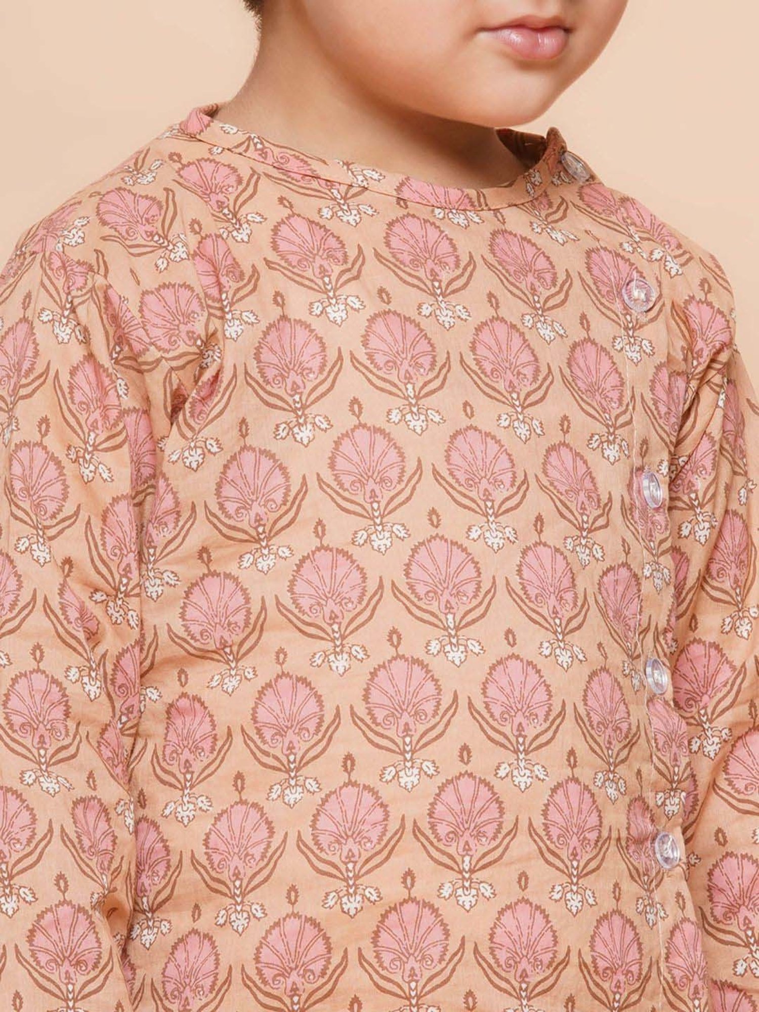 AJ Dezines Kids Peach Cotton Printed Full Sleeves Kurta Set