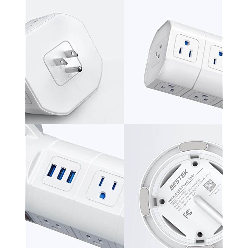 12 Outlets Power Strip Tower with 3 USB Ports Stackable Design Extend to 14 AC Outlets for PC Laptop Mobiles6 Feet Extension CordWhite