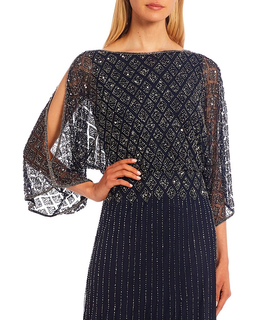 Pisarro Nights Diamond Bead Pattern Boat Neck 3/4 Sleeve Blouson Gown