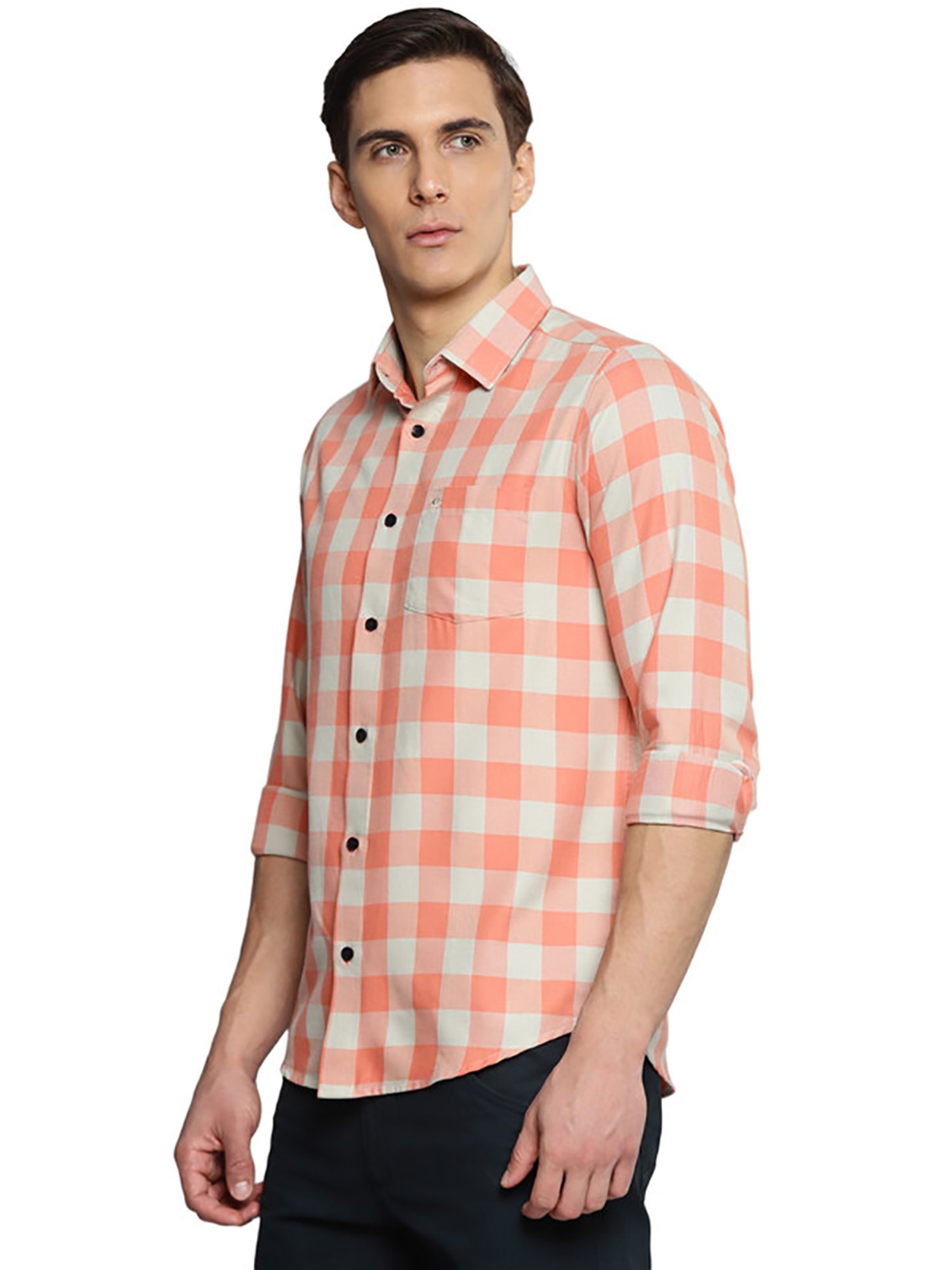Allen Cooper Orange & Beige Regular Fit Check Shirt