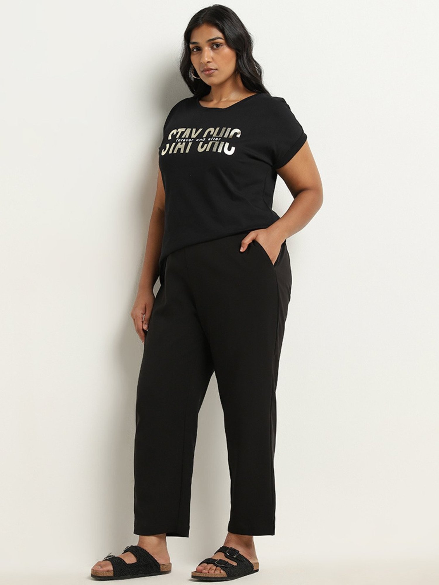 Gia by Westside Black Text Printed Cotton T-Shirt