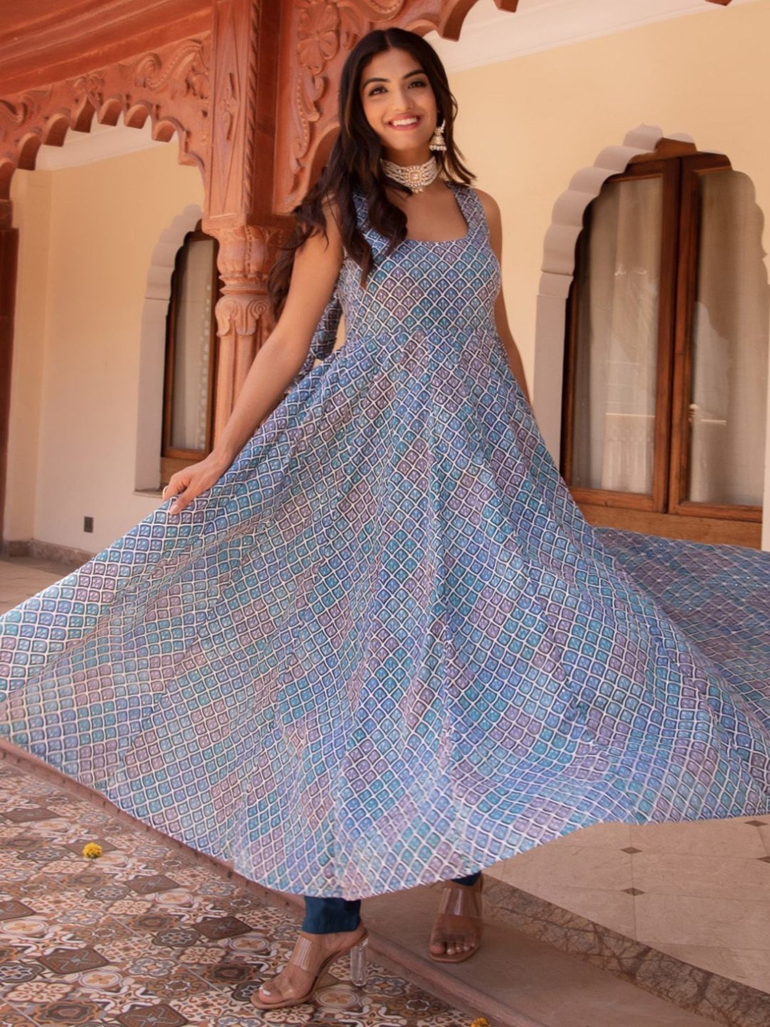 Calmna Blue and Grey Embroided Anarkali Suit Set