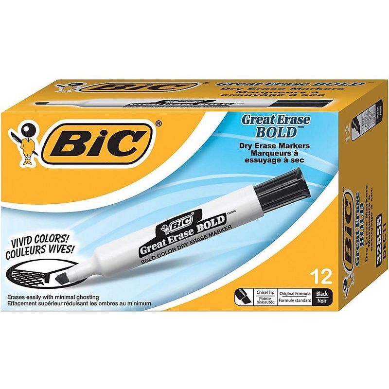 Bic Great Erase Bold Tank-Style Dry Erase Marker Chisel Tip Black Dozen DEC11BK