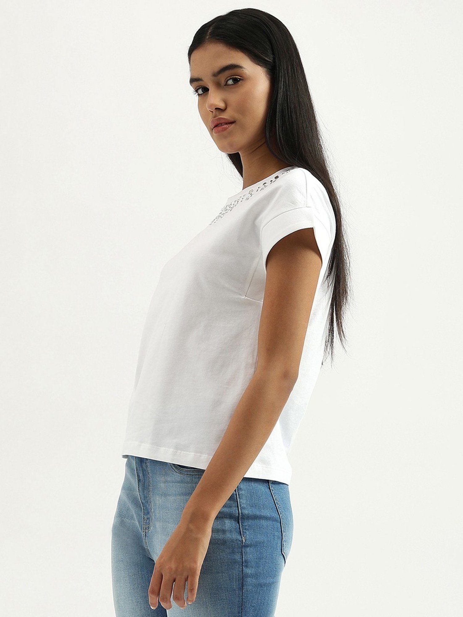 United Colors of Benetton White Cotton Embellished T-Shirt