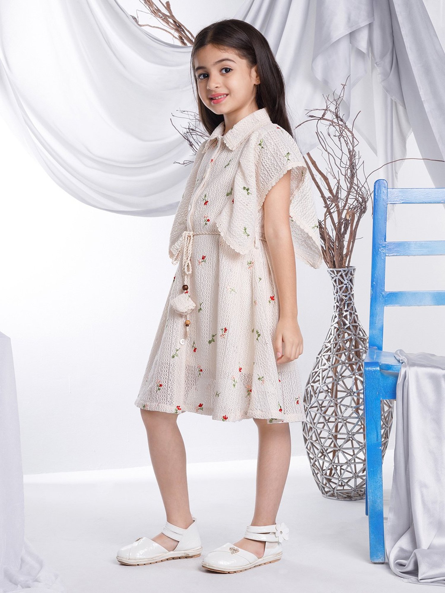 Peppermint Kids Beige Self Design Shirt Dress with Belt