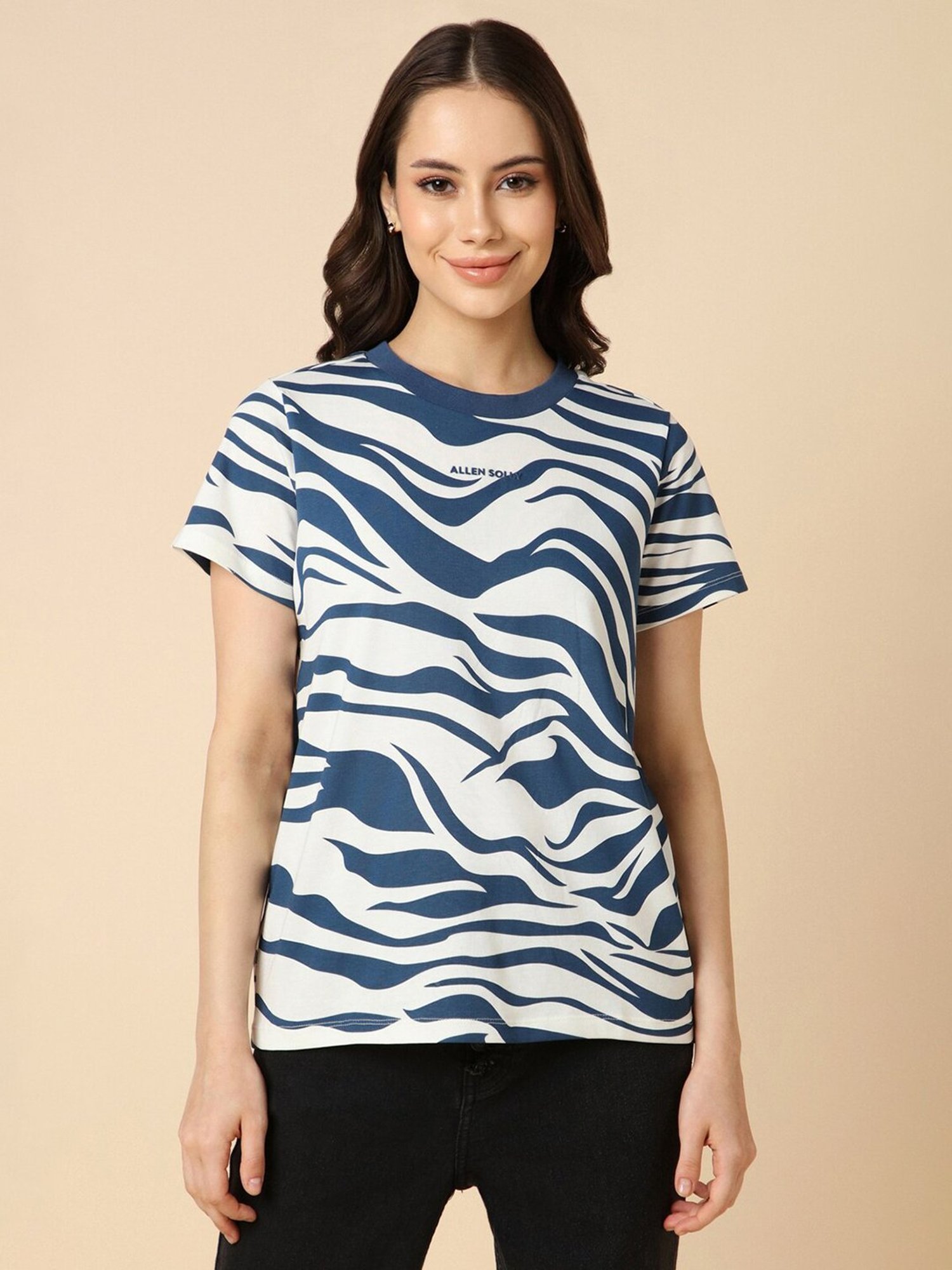 Allen Solly Navy & Off White Cotton Printed T-Shirt