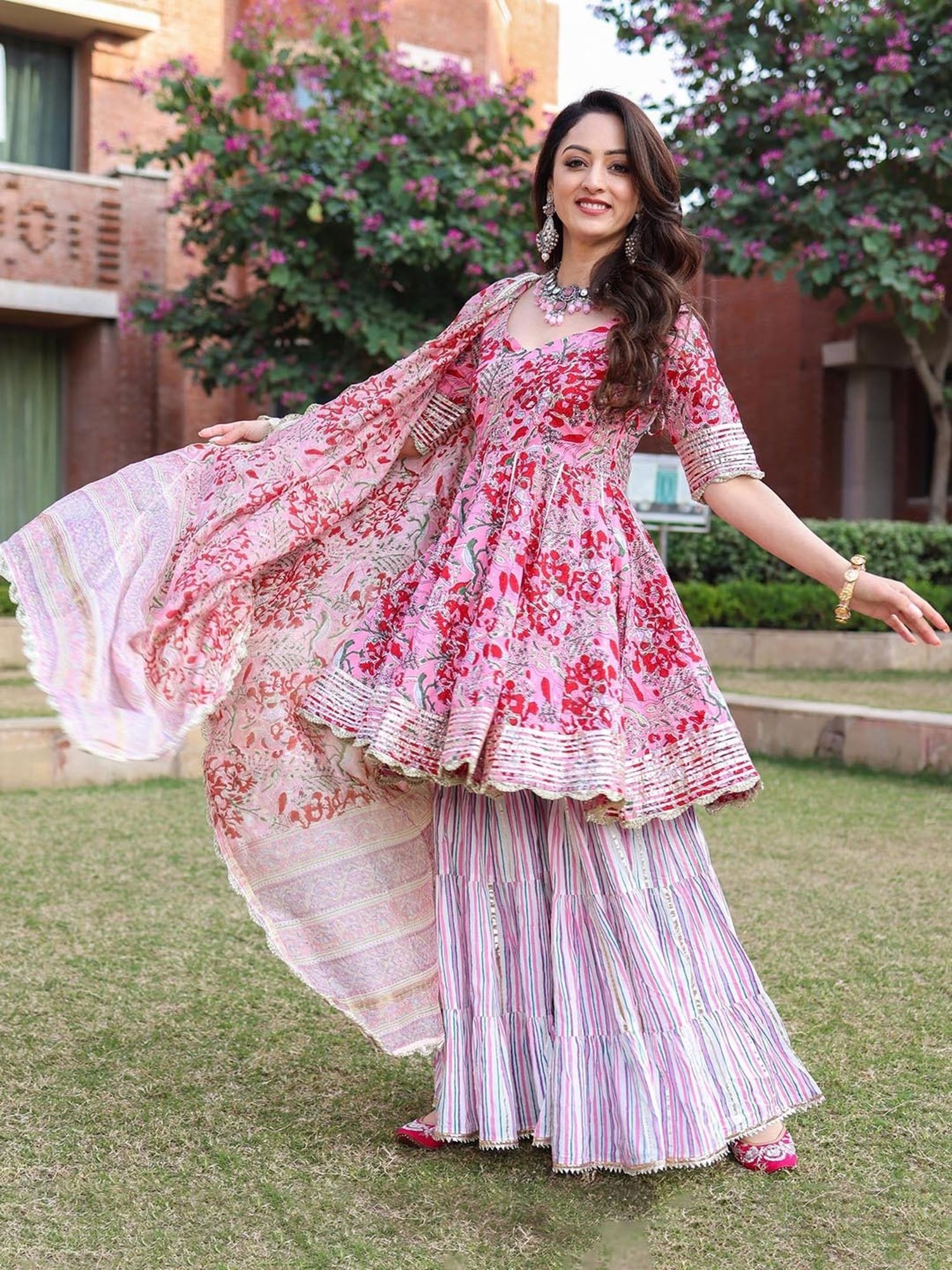 AACHHO Tickled Pink Handblock Sharara Set