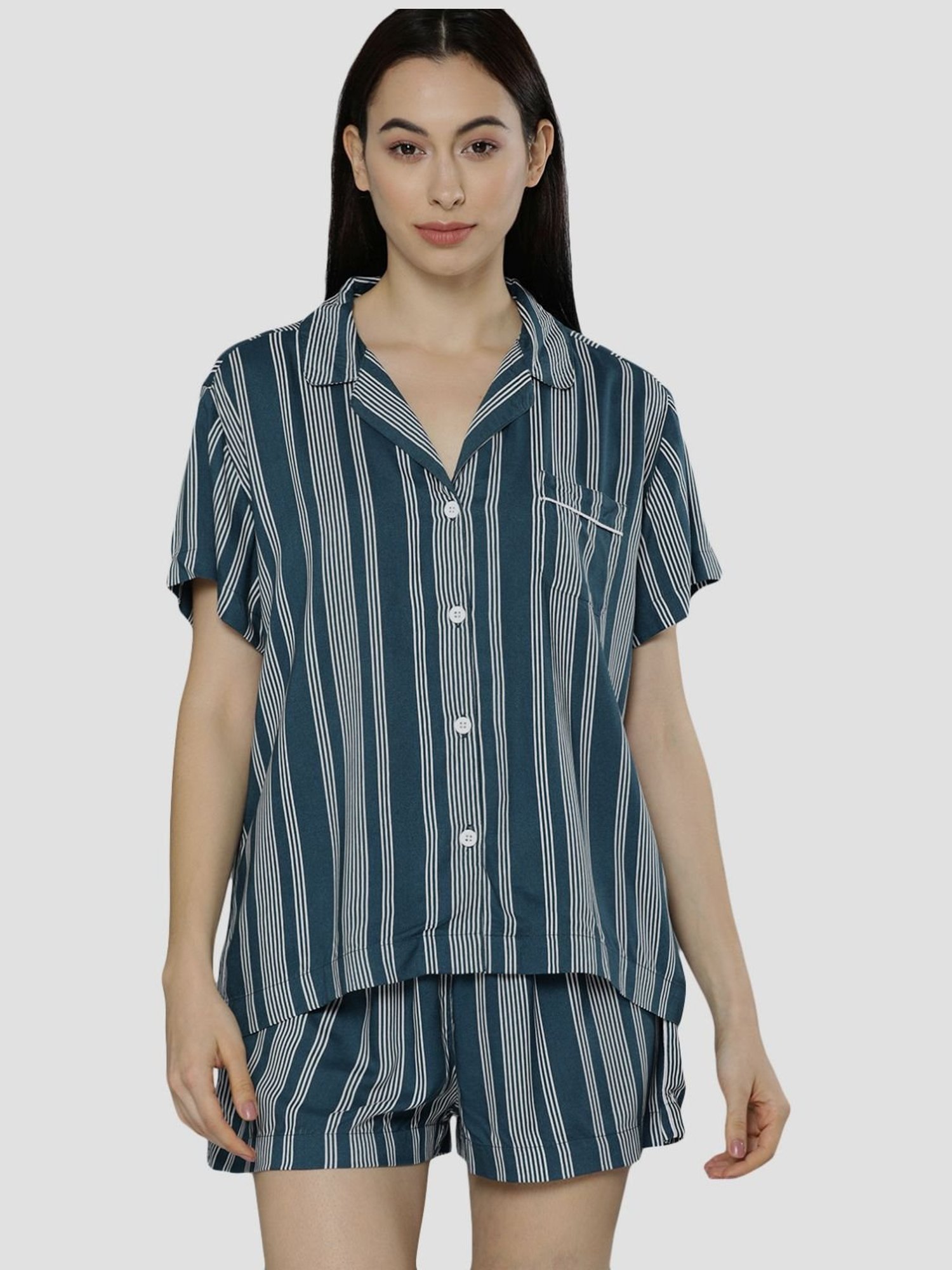 Chemistry Blue Cotton Striped Shirt Short Set