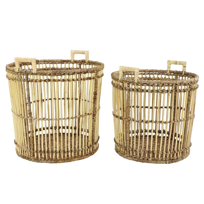 2pk Large Birdcage Shaped Natural Bamboo Baskets with Banana Leaf Detail
