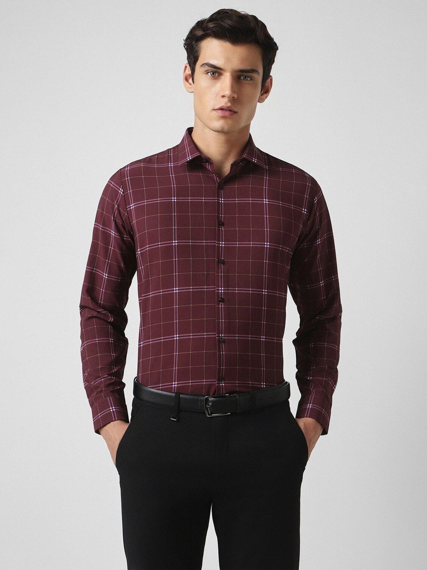 Van Heusen Maroon Slim Fit Checks Shirt