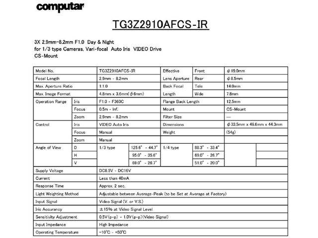 Computar Ganz High Quality CCTV Camera Lens TG3Z2910AFCS-IR 1/3" 2.9-8.2mm f1.0 Varifocal, Video Auto Iris (CS Mount) Day/Night IR