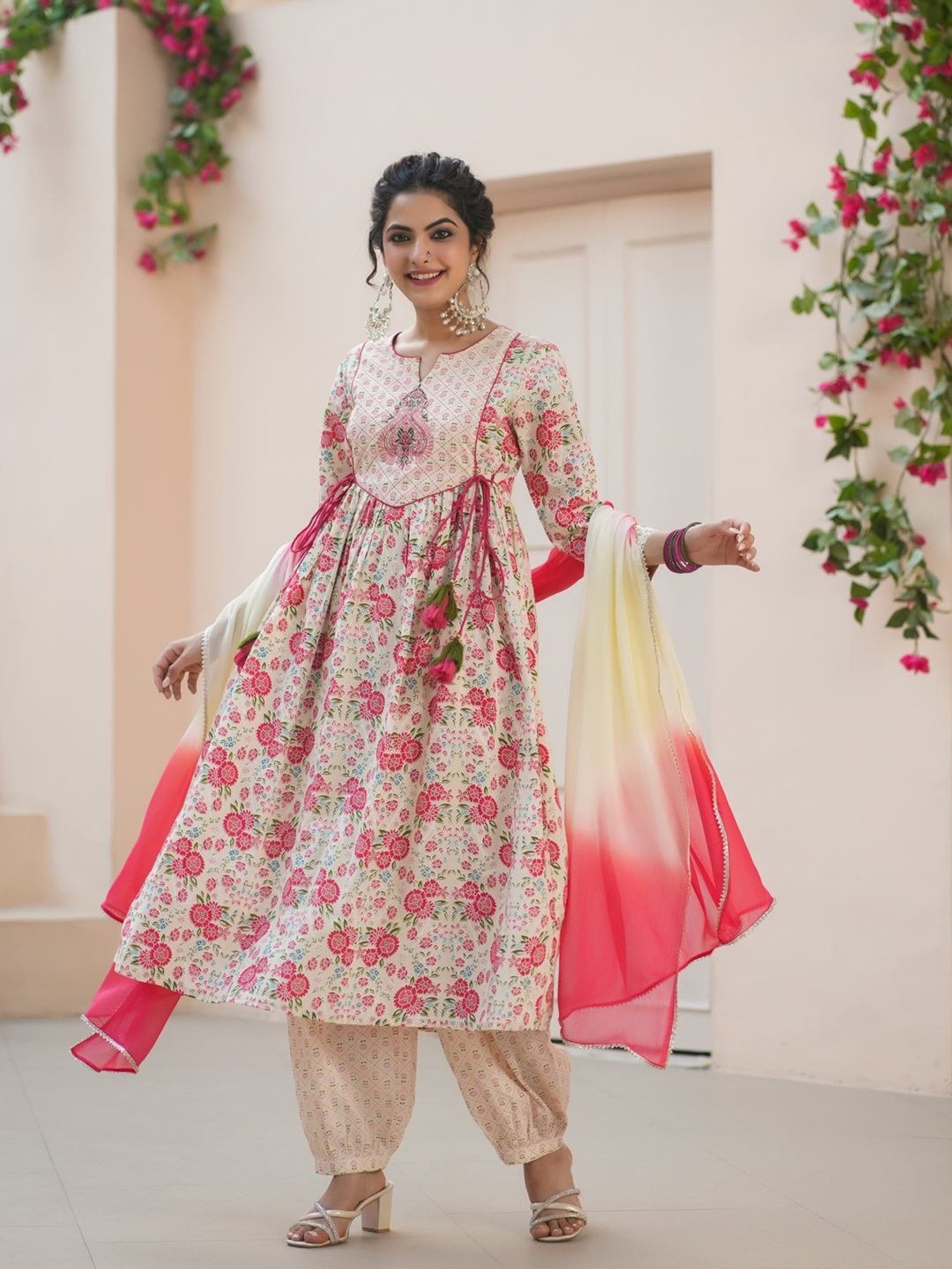 Rain and Rainbow Cream Cotton Embroidered Kurta & Salwar Set With Dupatta