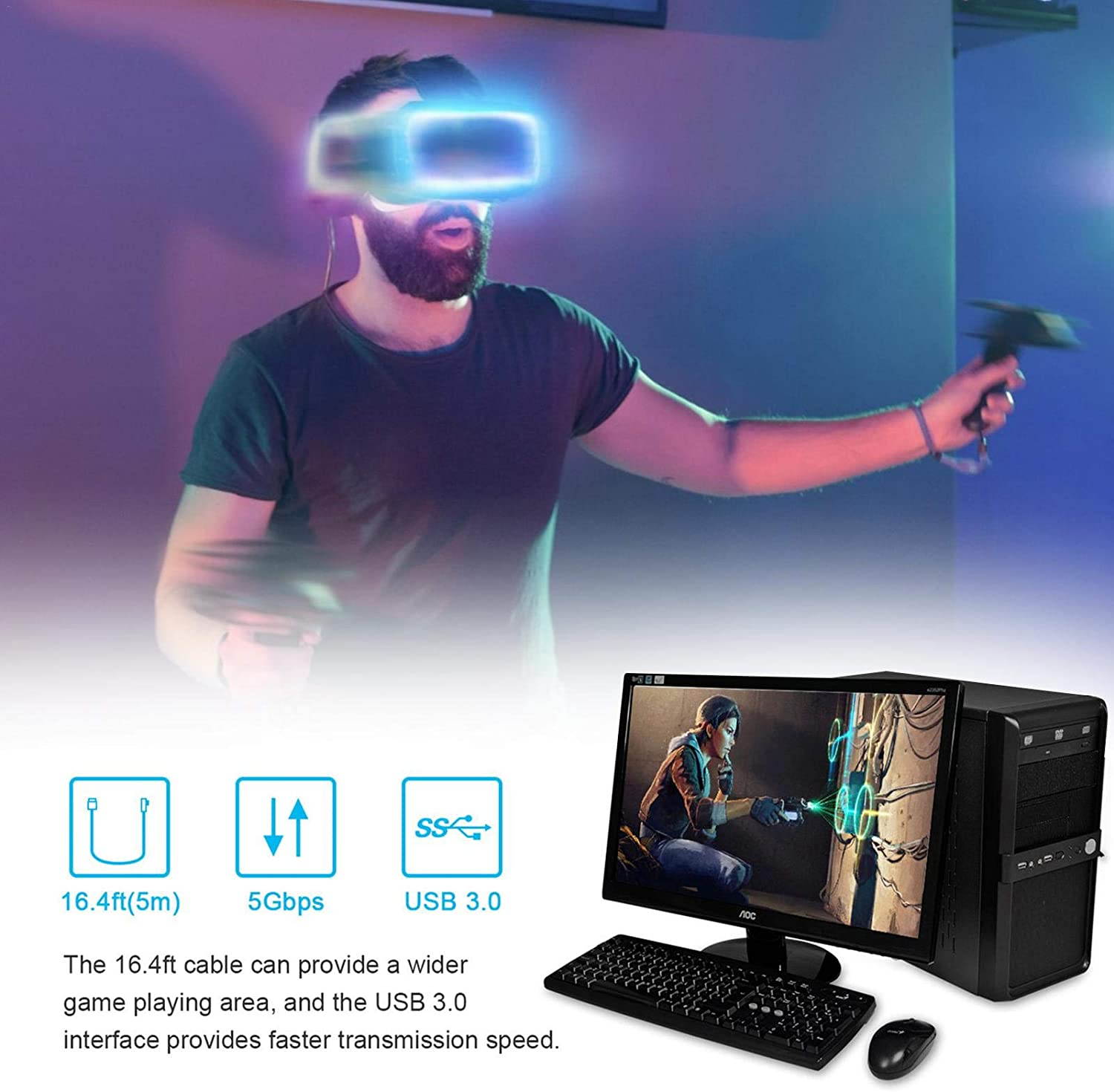 USB C to USB A USB 3.0 Cable, Oculus Link 4M for Oculus Quest 2 and Quest, Super Fast USB 3.1 Charging and Data Transfer, Compatible with Type C Devices (4M)