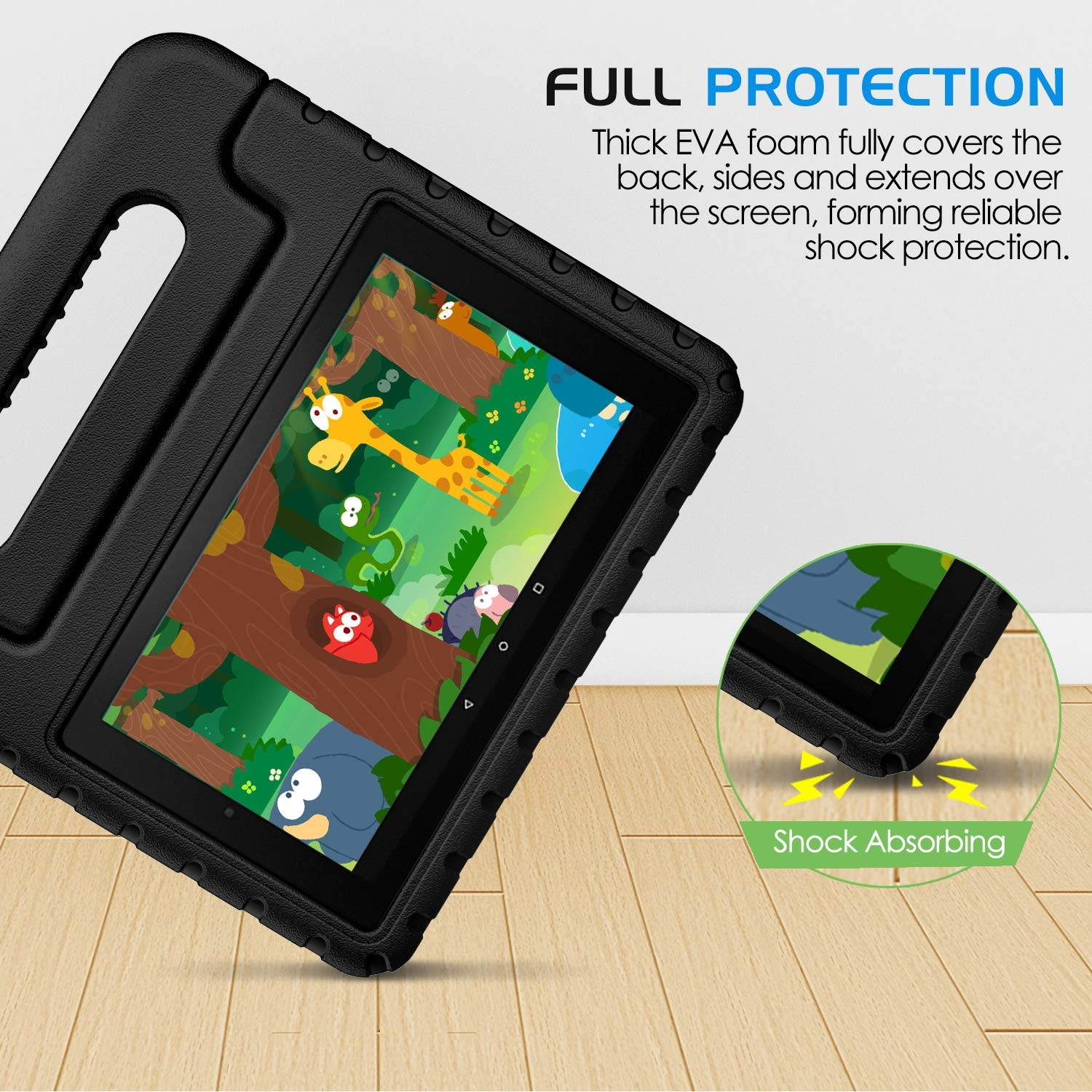 MoKo Kids Case Fits All-New Amazon Kindle Fire 7 Tablet (9th Generation, 2019 Release), Durable EVA Kid-Friendly Shock Proof Portable Handle Protective Stand Cover - Black