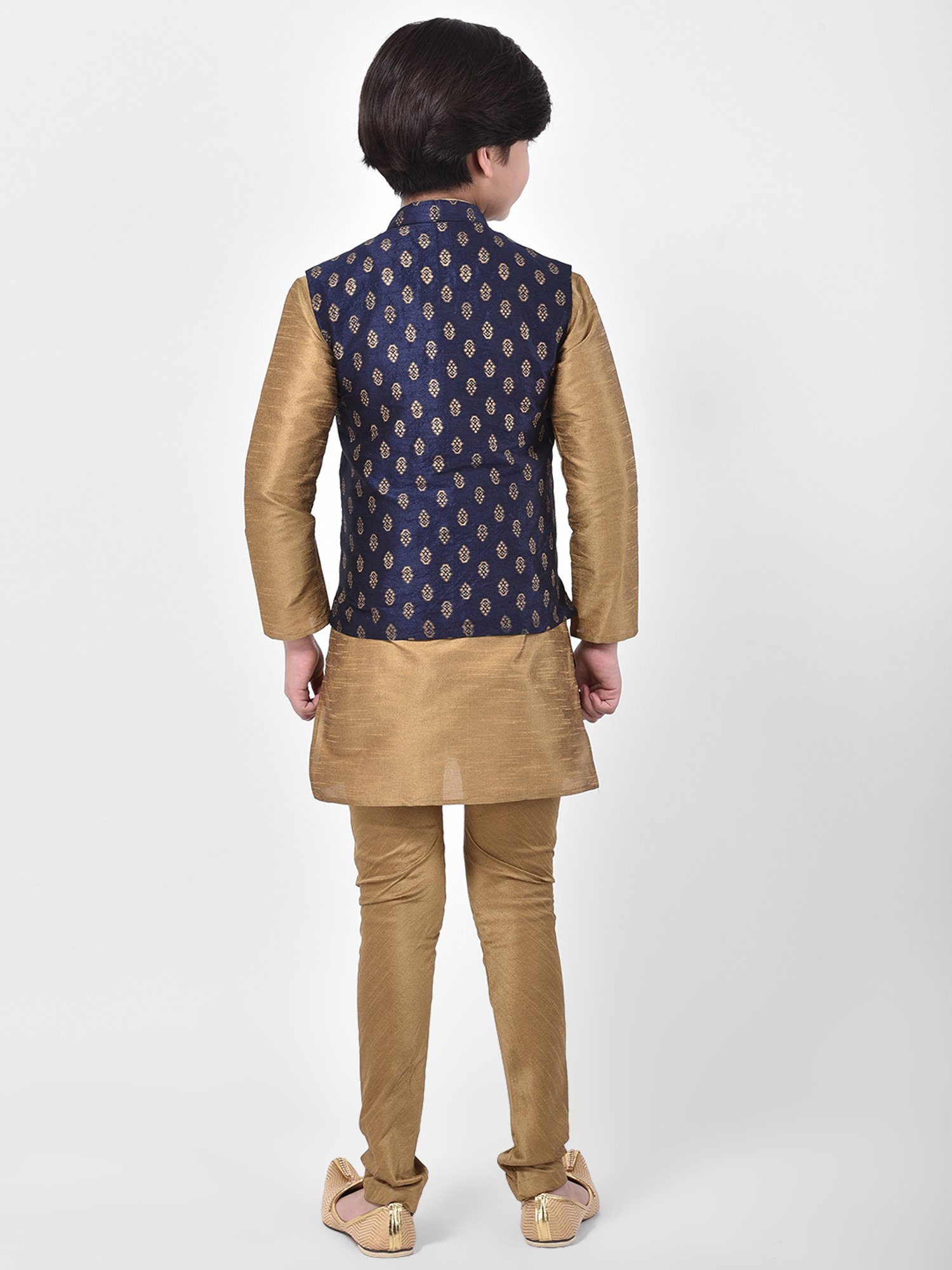 Deyann Kids Brown & Navy Self Design Full Sleeves Kurta, Churidar Pants with Nehru Jacket