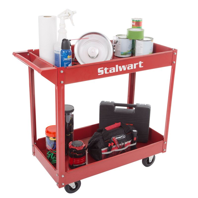 Stalwart 300lb capacity with Two Storage Tray Shelves Utility Metal Cart Red