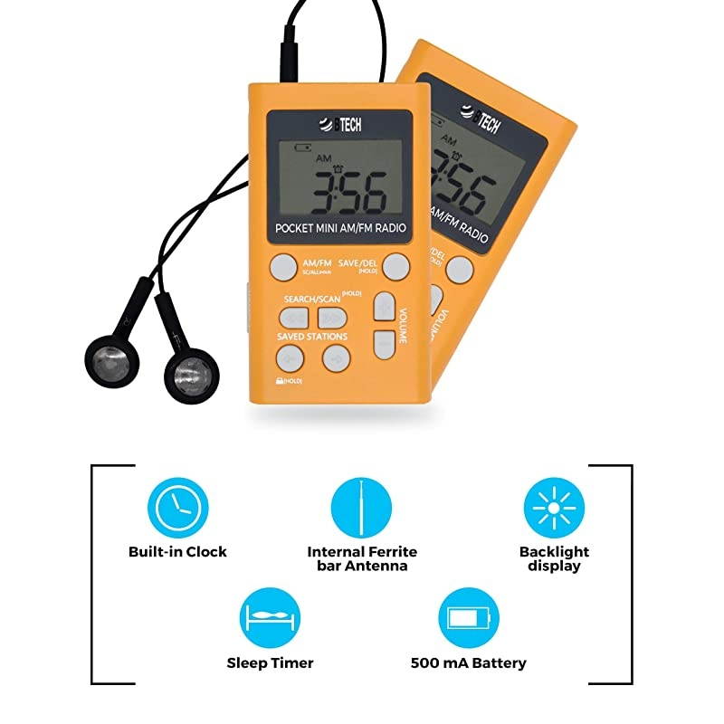 MPRAF1 AM FM Personal Radio with Two Types of Stereo Headphones Clock Great Reception and Long Battery Life Mini Pocket Walkman Radio with Headphones Orange