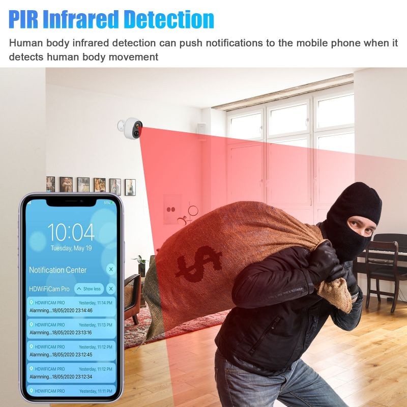 Outdoor Security IP Camera, Wireless Rechargeable Battery Powered Camera, 1080P WiFi Surveillance Camera for Home with Night Vision, Two Way Audio, PIR Motion Detection, IP66 Waterproof