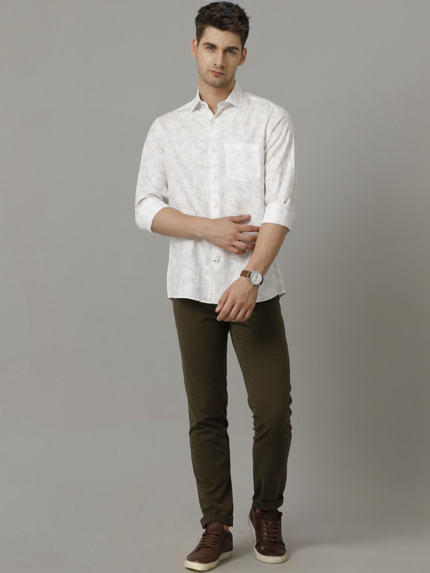 Linen Club White Linen Contemporary Fit Printed Shirt