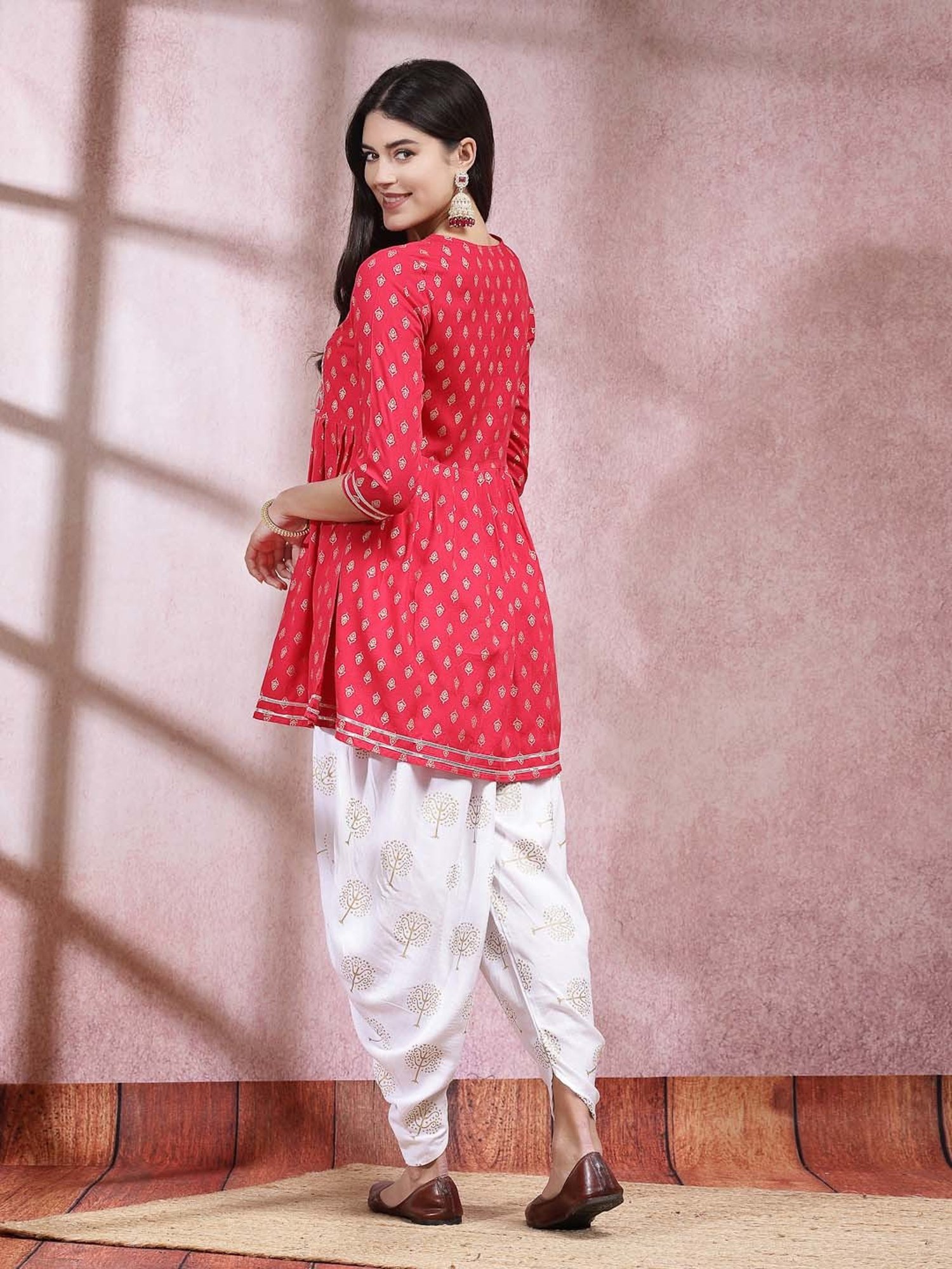 Stylum Pink & White Embroidered Kurti Dhoti Pant Set