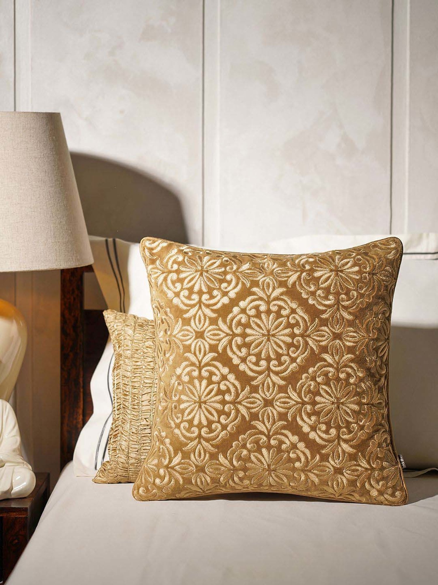 Pure Home and Living Gold Velvet Embroidered Cushion Cover