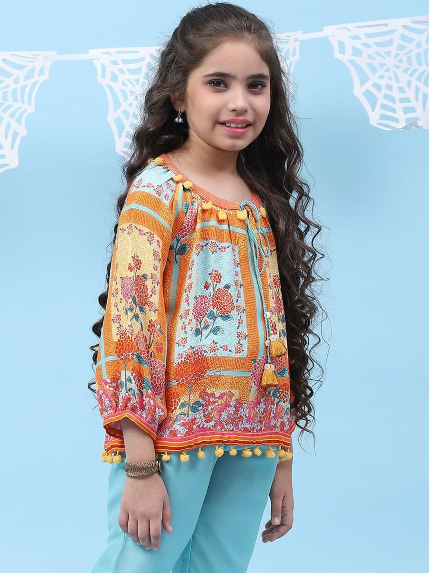 Biba Kids Orange & Sky Blue Printed Top