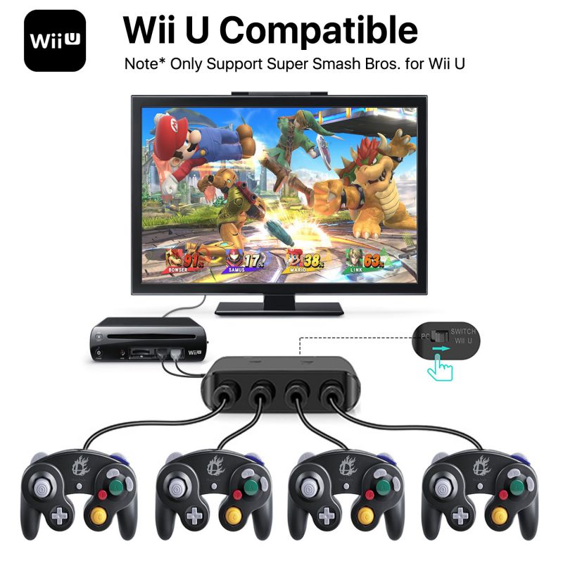 Wii U GameCube Controller Adapter 4 Ports Converter Connection Compatible with Nintendo Wii U Super Smash Bros Brawl and Dolphin PC Windows USB Black