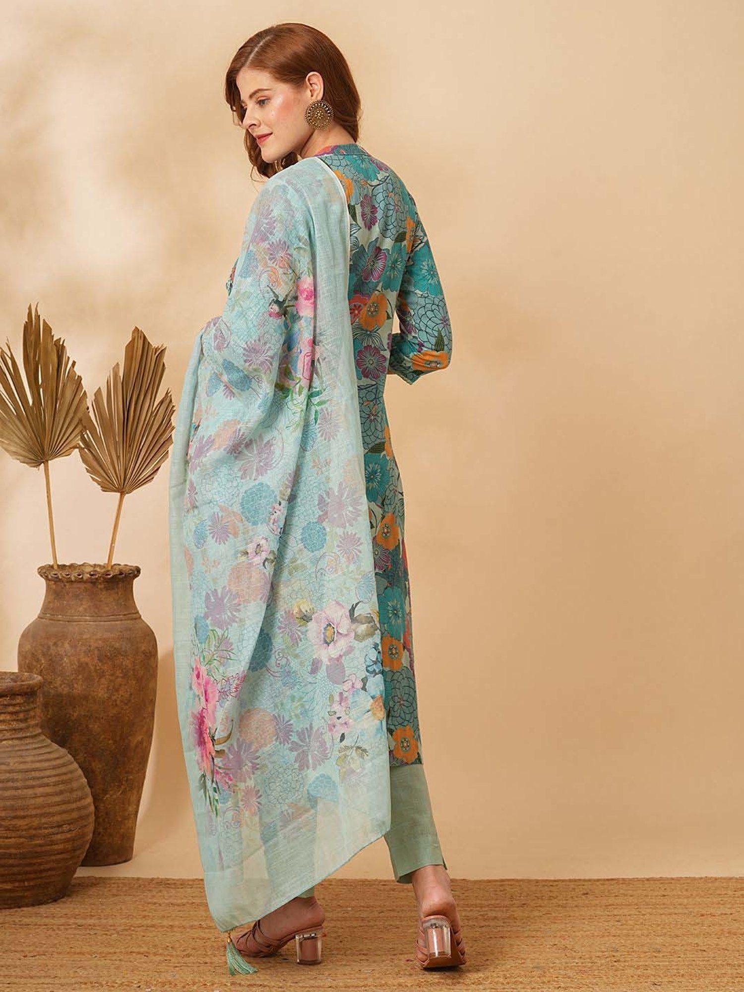 Fashor Mint Green Cotton Floral Print Kurta & Pant Set With Dupatta