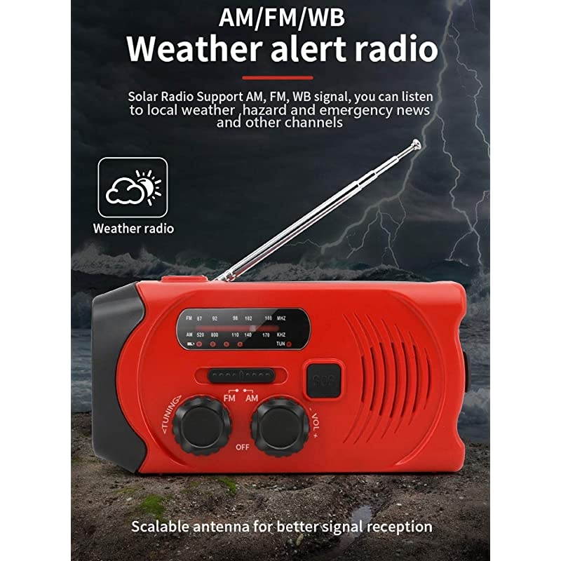 Emergency Radio,2000mAh Hand Crank Solar Weather Radio, NOAA/AM/FM Portable Radio with LED Flashlight&Reading Lamp, USB Cell Phone Power Charger, SOS Alarm for Home, Camping&Survival