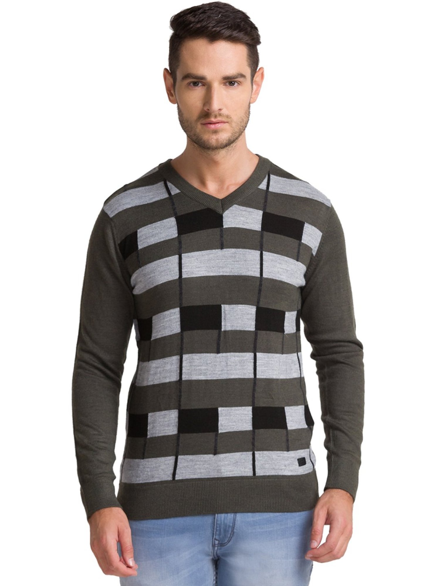 Parx Grey Regular Fit Striped Sweaters