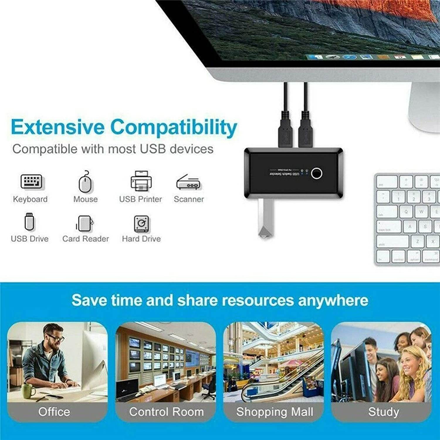 SOONHUA USB Switch Selector with 2 USB 3.0 Cable,2 Computers Sharing 4 USB Peripheral Devices USB Sharing Box for Printer Mouse Keyboard Card Reader