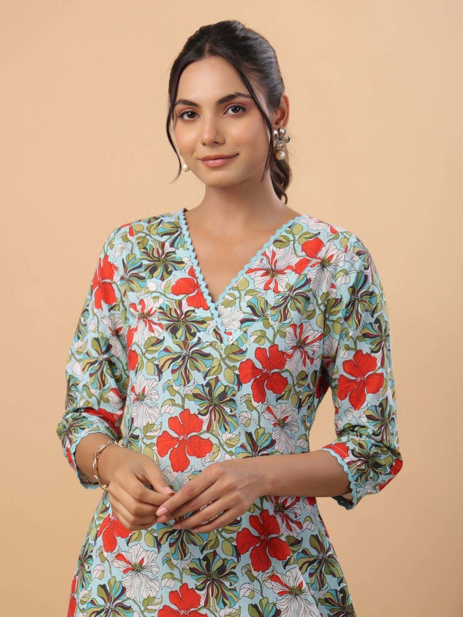 Janasya Blue Cotton Floral Print Co-Ord Set