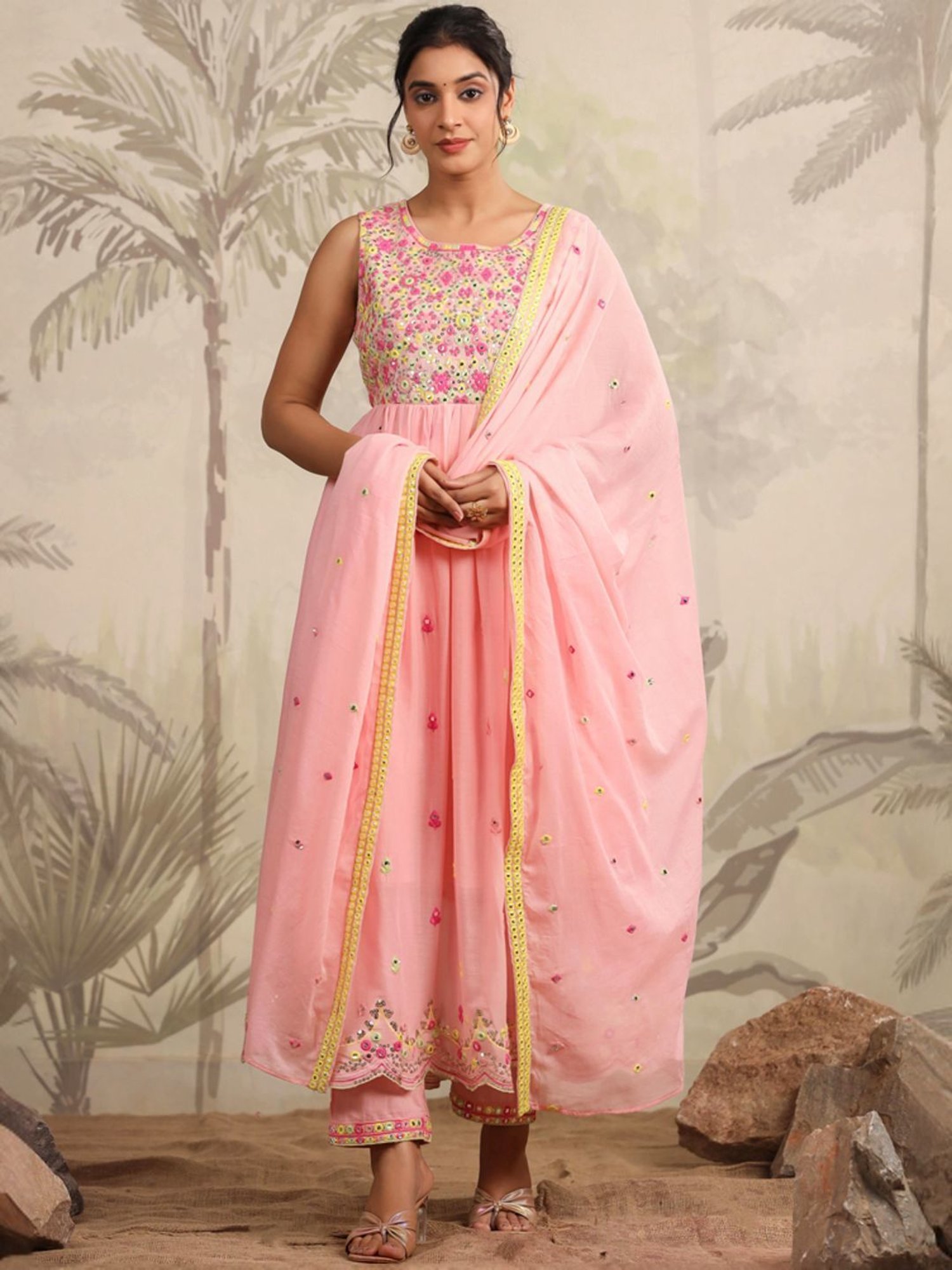 SCAKHI Pink Cotton Embroidered Kurta Pant Set With Dupatta