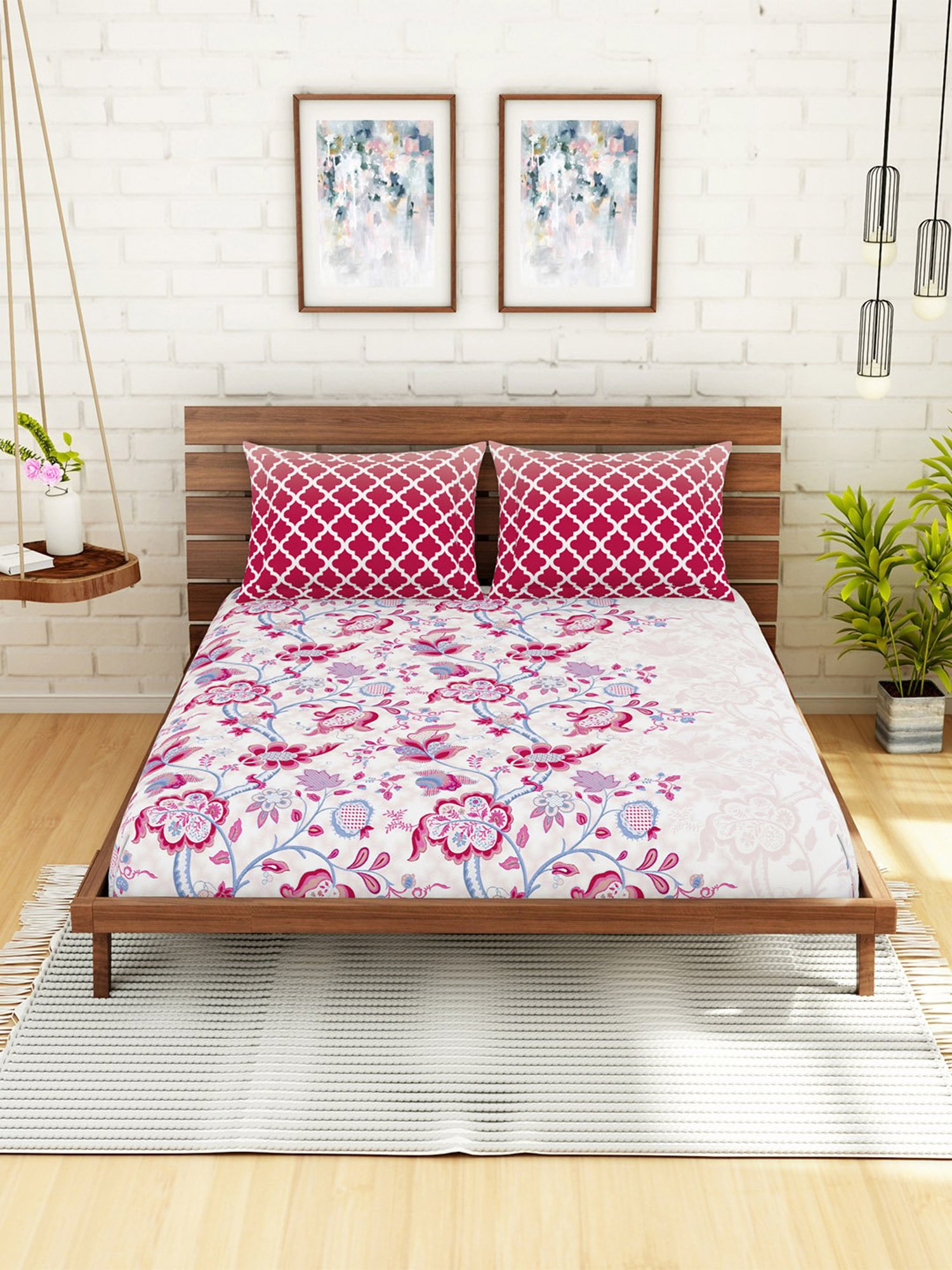 Spaces Pink 144 TC Cotton Double Bed Sheet with Pillow Cover