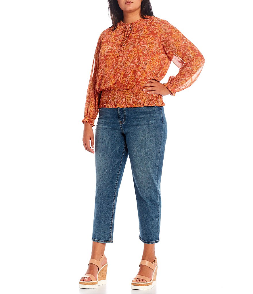 Jessica Simpson Plus Size Emery Drawstring Banded Collar Neck Long Blouson Sleeve Smocked Hem Blouse