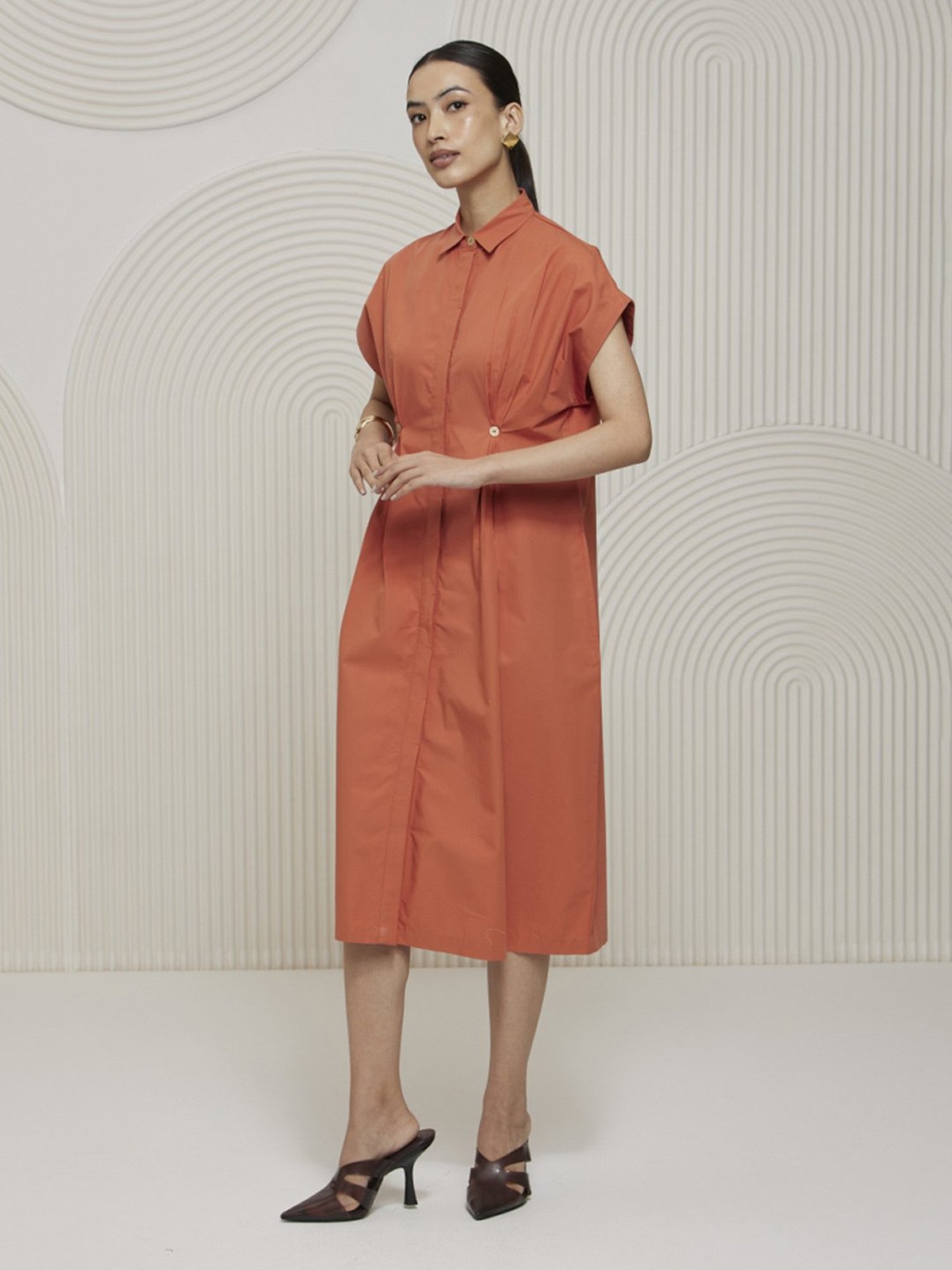 Artagai Orange Elevated Basics Pleated Shirt Dress with Concealed Placket