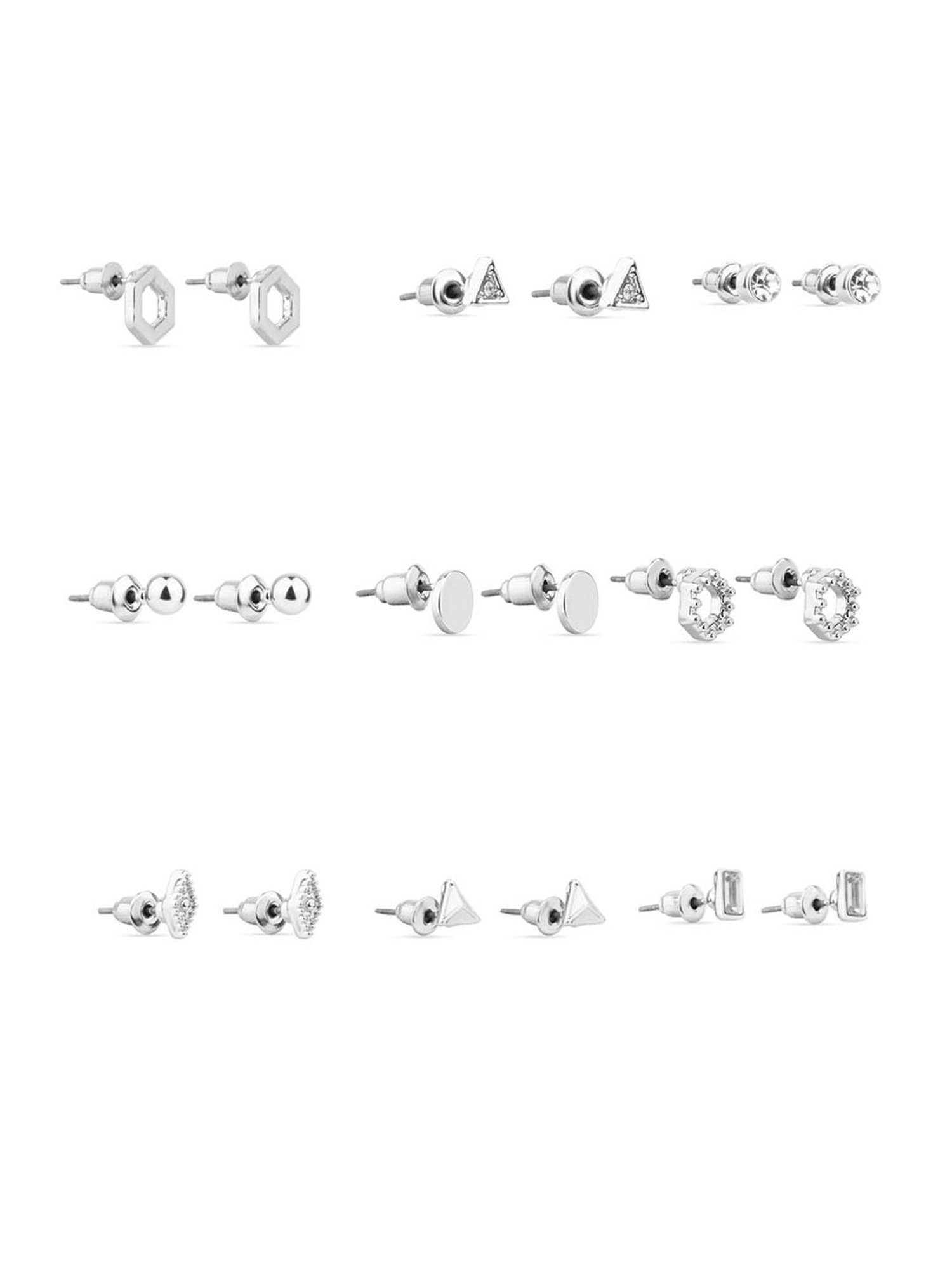ToniQ Silver Plated Geometric Stud Earrings Combo For Women - Set of 9