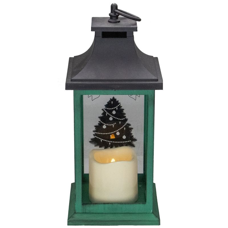 Northlight 12" Green and Black LED Candle With Christmas Tree Tabletop Lantern