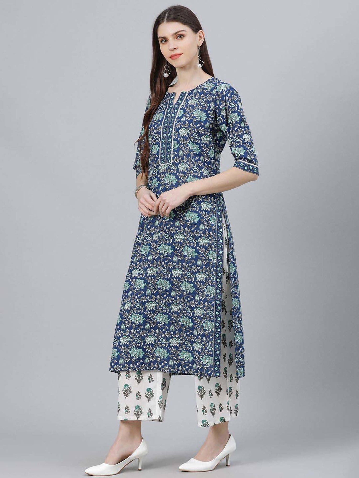 Libas Blue & White Cotton Printed Kurta Palazzo Set With Dupatta