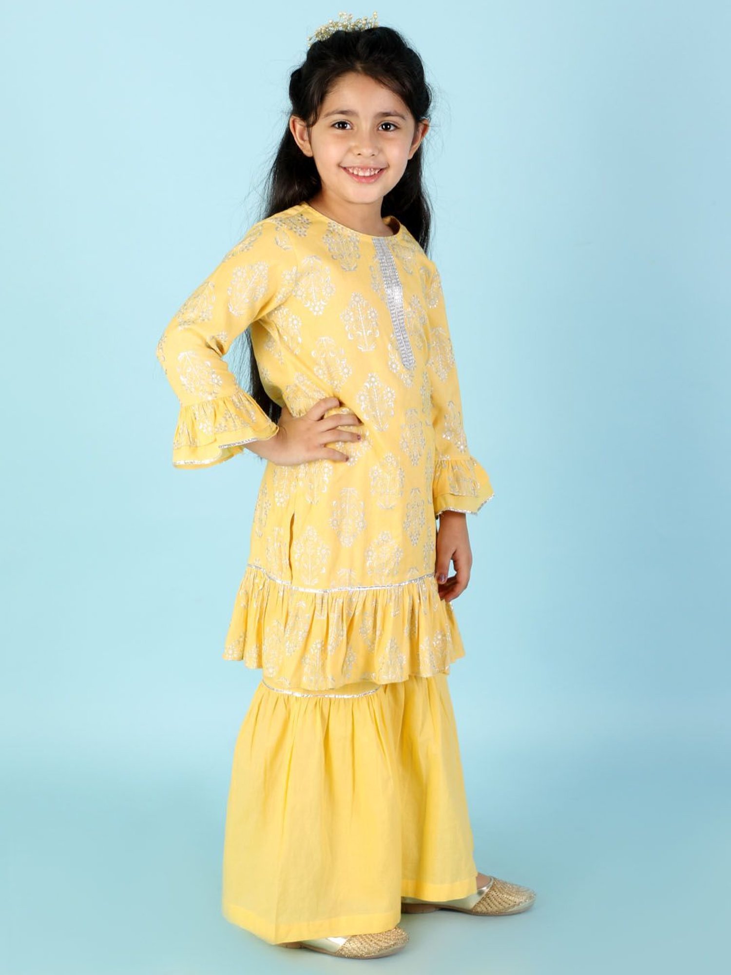 Lil Drama Kids Yellow Floral Print Full Sleeves Kurta with Sharara