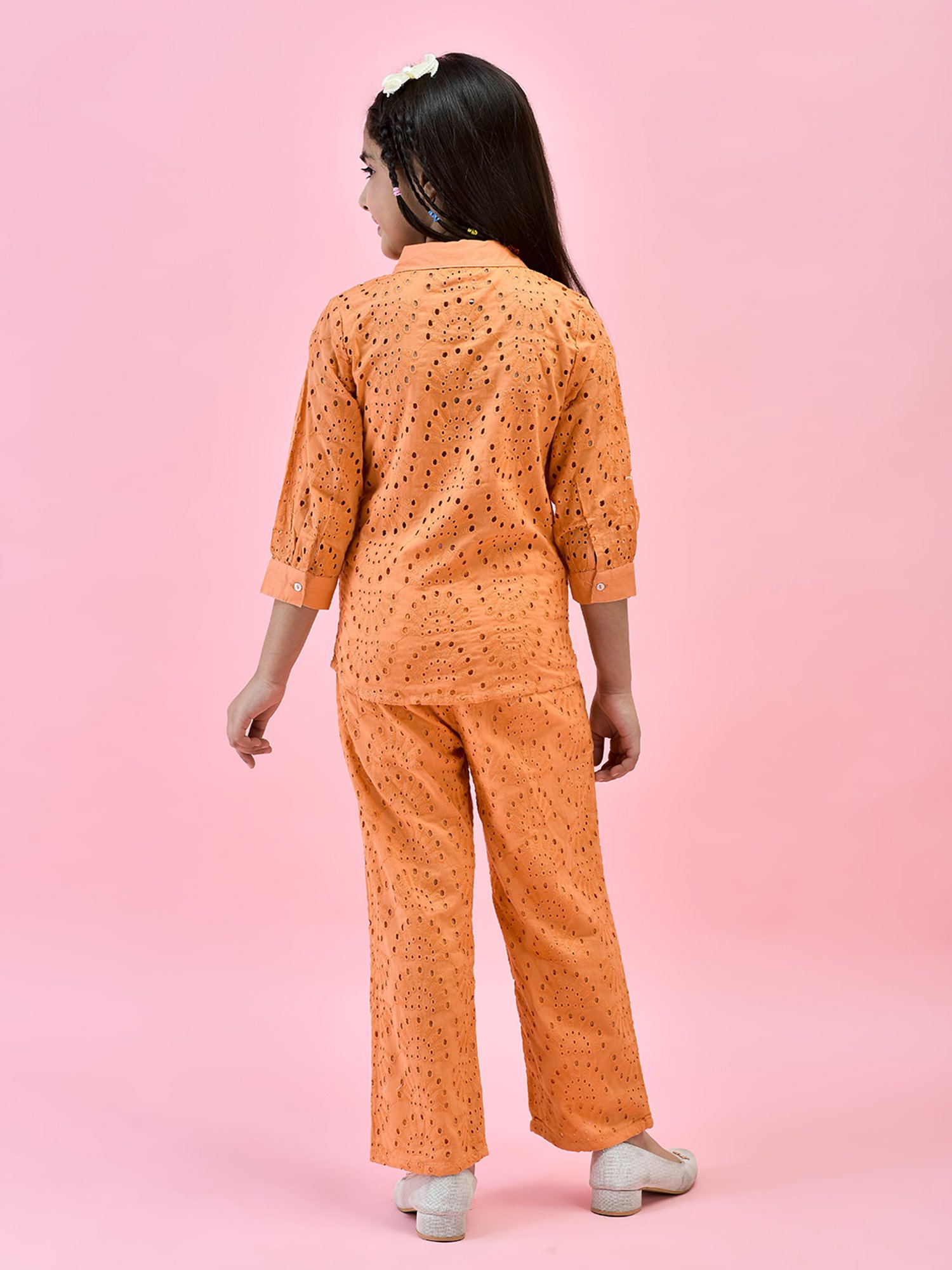Juniper Girls Orange Self Design Shirt With Pants