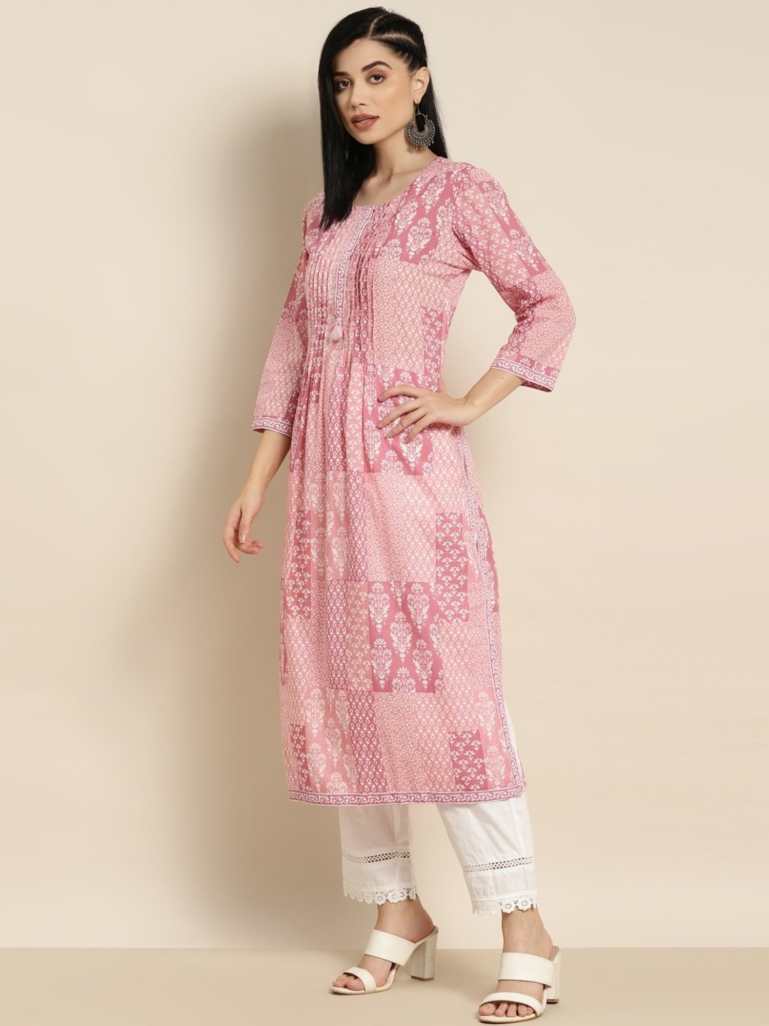 Rain and Rainbow Pink & White Cotton Printed Kurta Pant Set With Dupatta